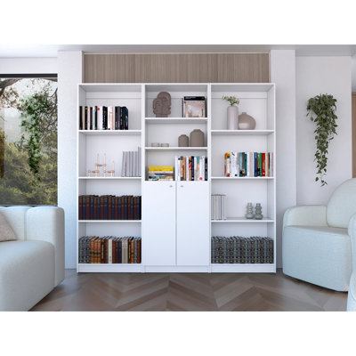 Duette 3 Piece Home Bookcase Set, 74" Wide With 11 Shelves And 2-Door Cabinet ,  Living Room Set  White