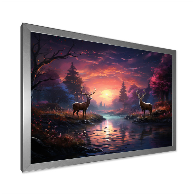 «Deer Enchanted Twilight I», reproduction sur toile, H 12 po x l 20 po x P 1 po, Cadre simple gris