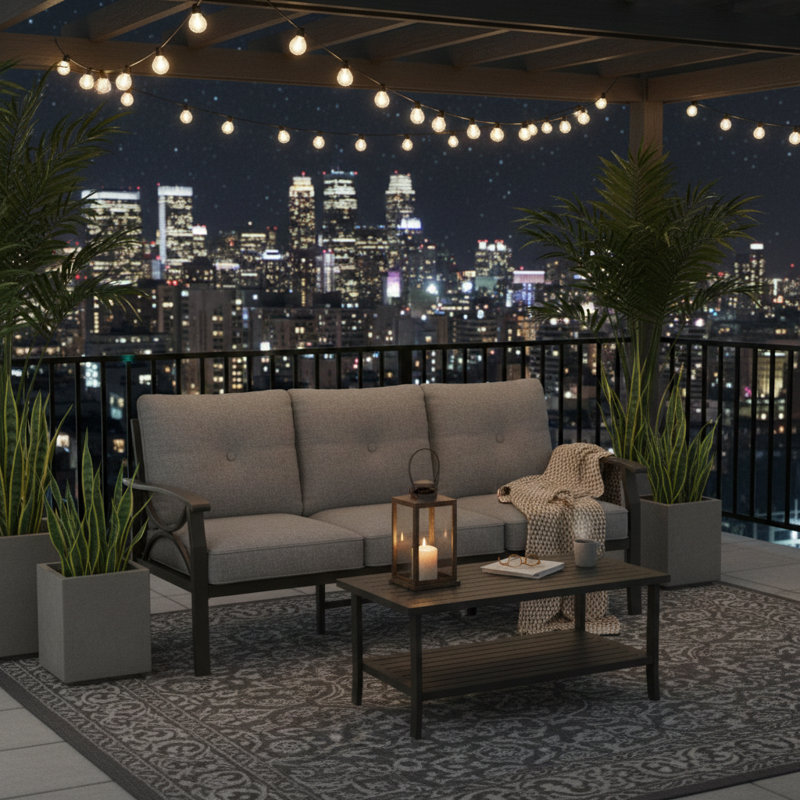 2 Piece All-Weather Outdoor Patio Set with Metal Sofa and Rectangular Coffee Table, Khaki Frame and Gray Cushions, Gray, Gray