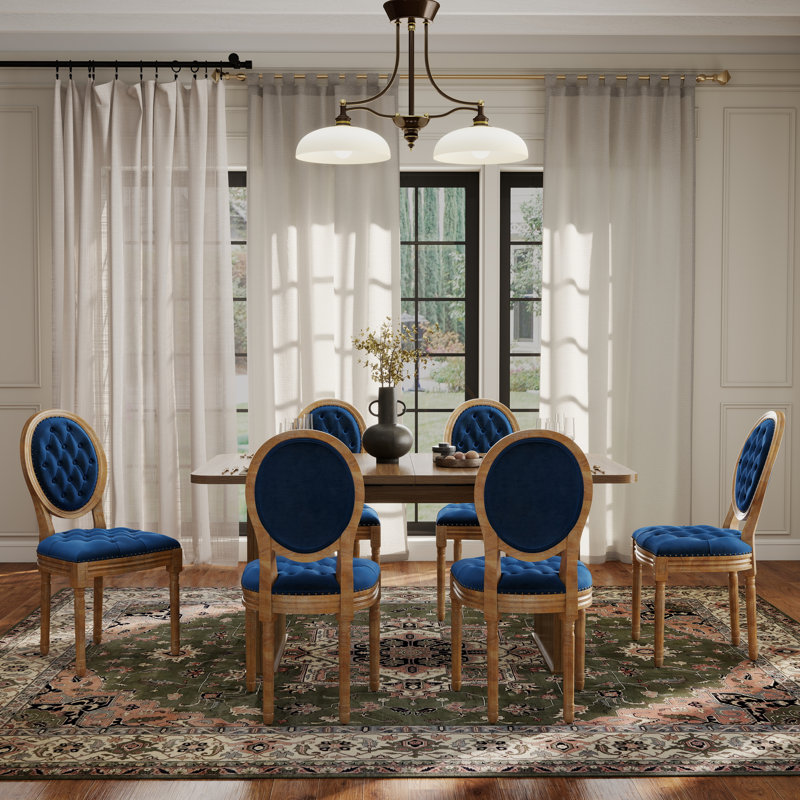 Mid-century Wood Rectangular Pedestal Dining Set with French Dininig Chair, Blue, 7 Pieces: Table, 6 Chairs