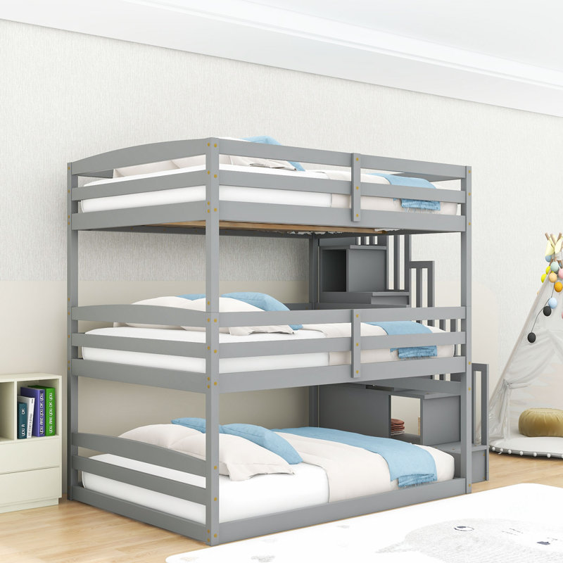Lit superposé double avec accoudoirs et tablettes, gris