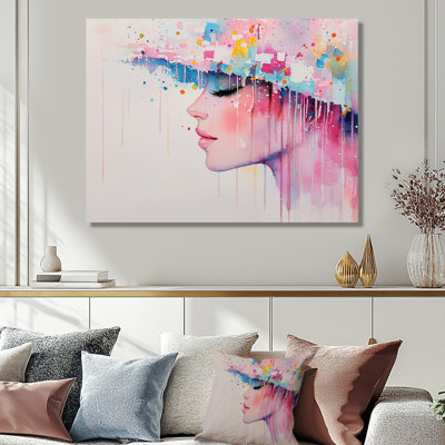 Pink And Blue Fashion Woman With Hat - Fashion Woman Wall Art Print