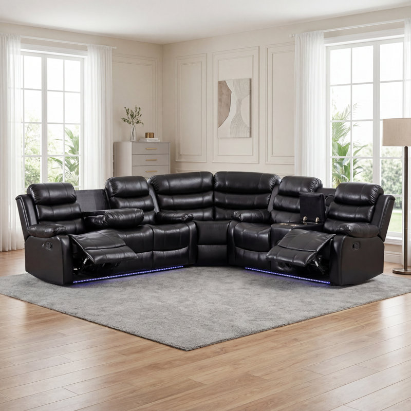 Canapé modulaire 3 pièces inclinable manuel avec lumières DEL, console Bluetooth et table rabattable, Noir
