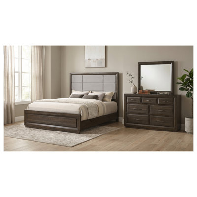 Ensemble de chambre à coucher 3 pièces Meridian en chêne foncé, format King, avec tête de lit rembourrée, commode et miroir.