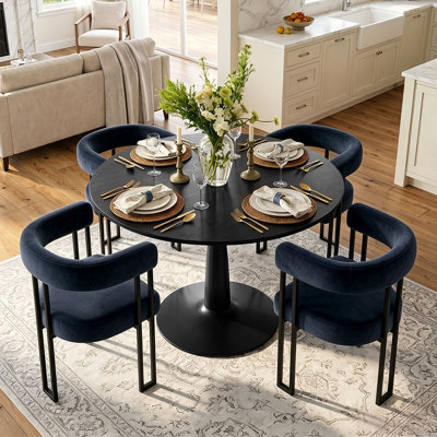 Ensemble de table de salle à manger pour 4 personnes avec table ronde et 4 chaises rembourrées en velours