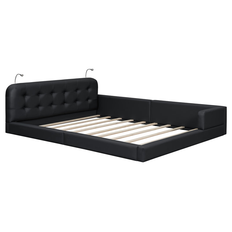 Grand lit plateforme tapissier avec lumières de lecture intégrées, moderne et élégant, Noir