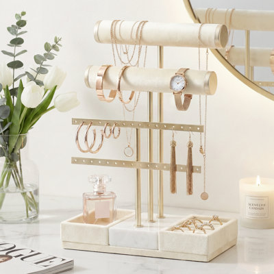 3 Tier Metal Jewellery Stand With Earring Rack Beige