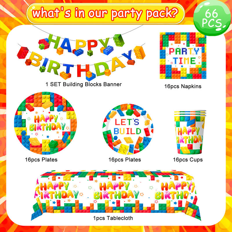Building Block Party Supplies Tableware-66pcs Colorful Building Block Birthday Party Decorations set