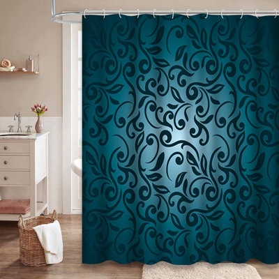 Seamless Abstract Floral Style Swirl Blue Shower Curtain with 12 Hooks