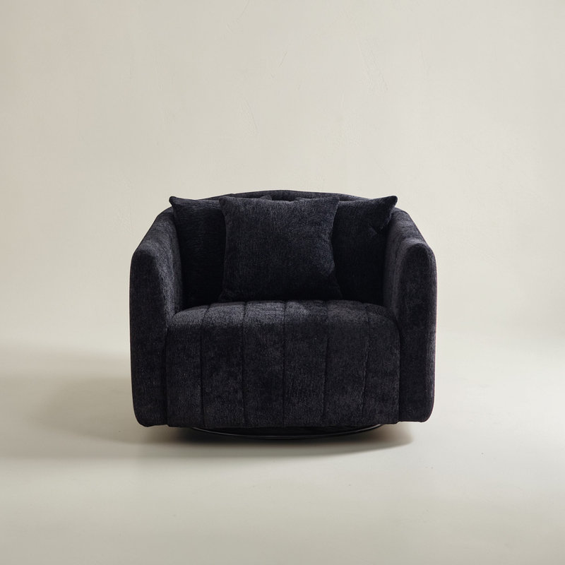 Upholstered Swivel Barrel Armchair, Black Chenille