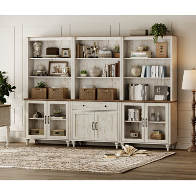 Buffet avec huche à bar Scarlett, crédence de style campagnard avec 4 portes en verre pour la salle à manger, grande armoire de rangement avec portes en bois et tablette à 5 niveaux, blanc rustique