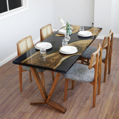 94.5" Walnut Epoxy Resin Dining Table | Black River Table, Seats 8 | Solid Wood Kitchen & Dining Table"