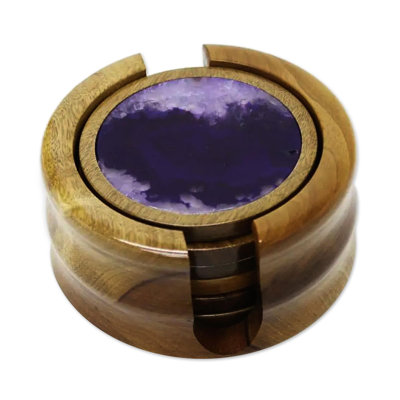 Wood Round Coaster Set With Holder