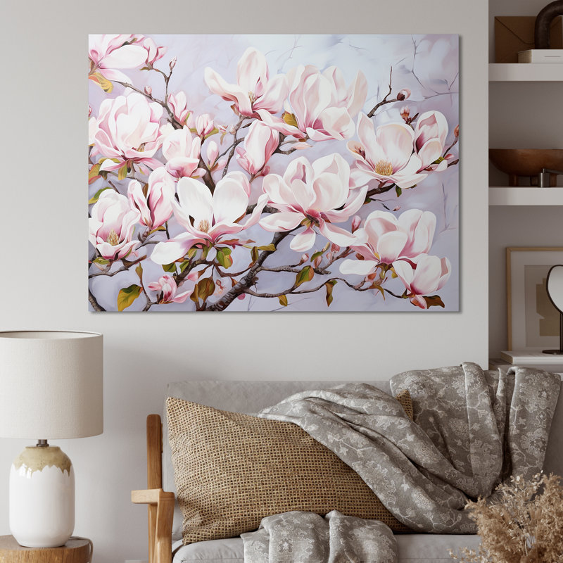 Fleurs de magnolia roses sur toile, H 24 po x l 32 po x P 1 po, Toile tendue