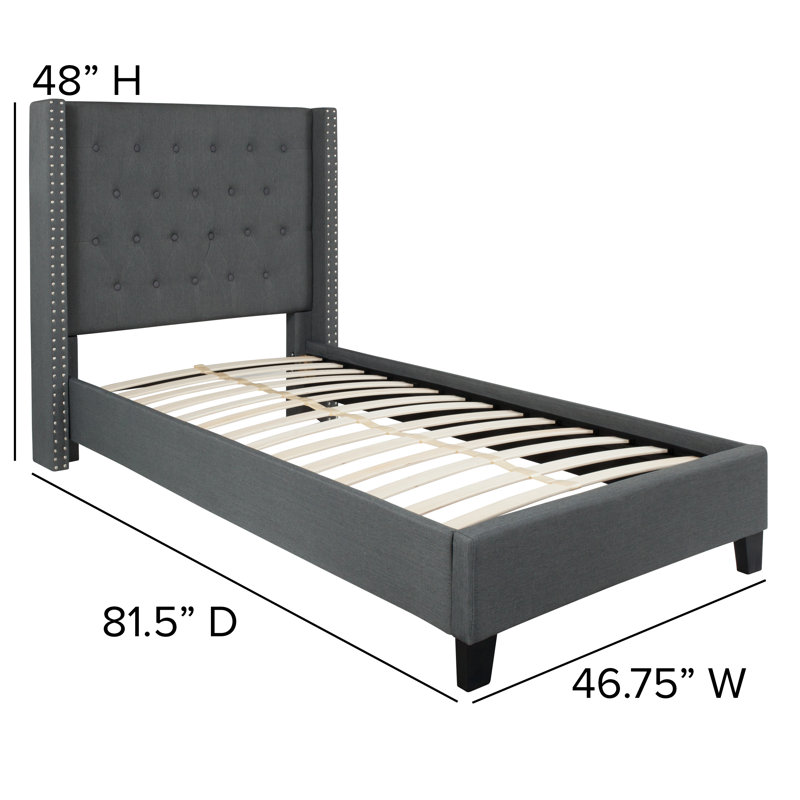 Aluino Tufted Upholstered Platform Bed w/ Accent Nail Trimmed Extended Sides, Dark Gray, Twin