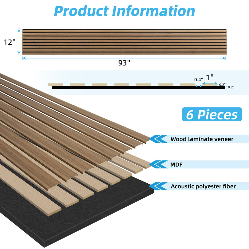 6Pcs 93" L x 12" W Acoustic Wood Paneling,3D Fluted Soundproof Wall Paneling for Wall and Ceiling,Slat Wood Wall Panels(46.5 sq.ft.)