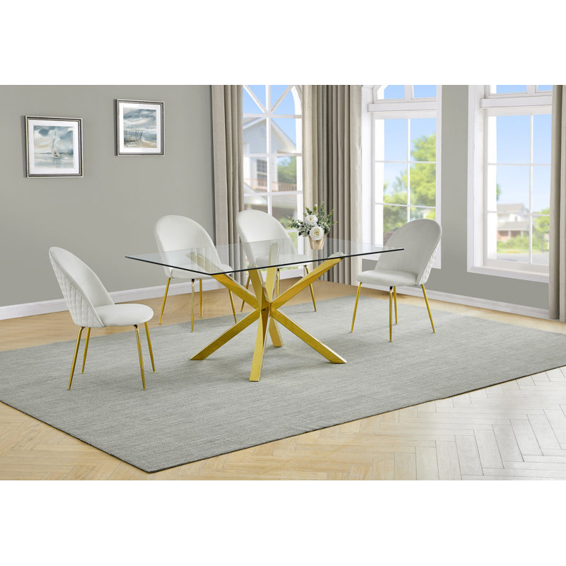 Ensemble de salle à manger de table 63 "x 39" en verre avec chaises d'appoint rembourrées et base dorée, 5, Crème / doré