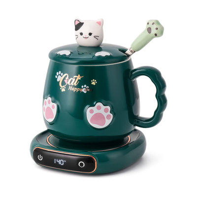 DIDADI Beverage Cup Warmer for Desk Home Office with Three Temperature Up to 140℉/ 60℃, Coffee Mug Warmer & Cute Cat Mug Set, Coffee Warmer for Cocoa Milk Tea Water Candle, 8 Hours Auto Shut Off, Green