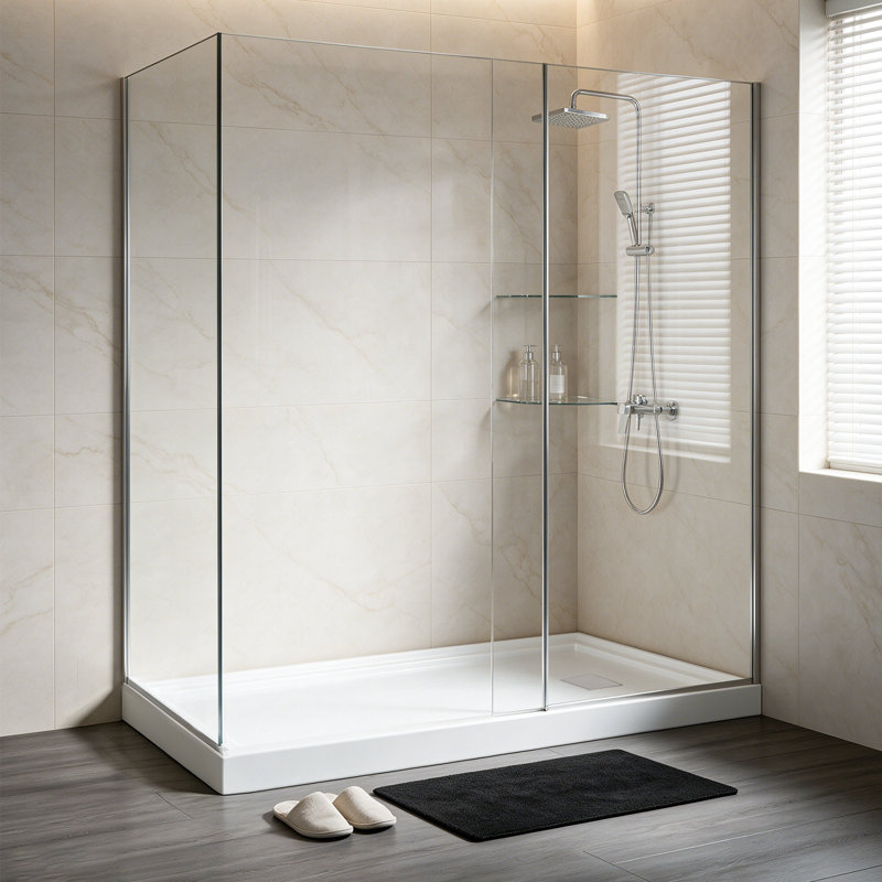 Base de douche 48 po x 32 po à surface solide blanche avec drain à droite, simple seuil, antidérapant pour installation en alcôve