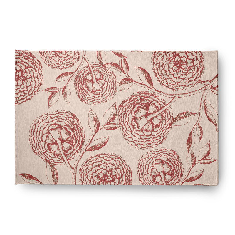 Tapis floral en chenille tissé à la machine en beige / rouge, Rectangle 4 pi x 6 pi