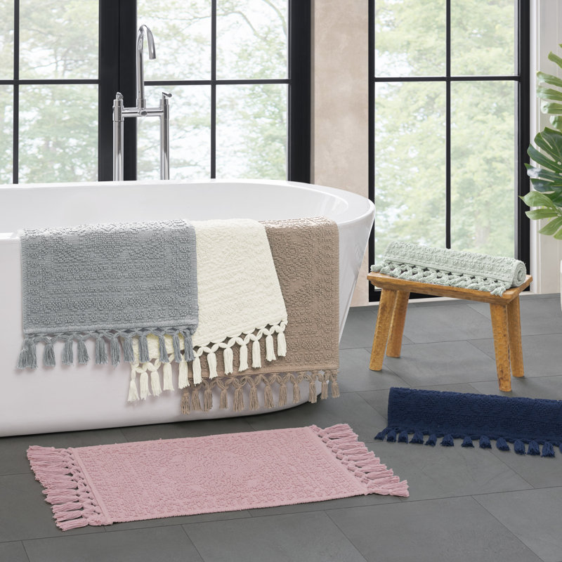 French Connection Nellore Fringe Machine Washable Cotton Bath Rug, Navy, 28" L x 17" W
