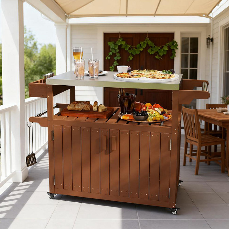 Easy To Move Outdoor Table Top,Outdoor Bar Cart With Storage,Wheeled Kitchen Island For Food Prep, Brown;Silver