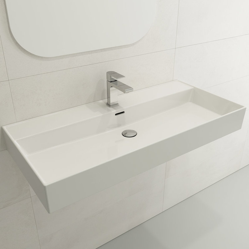 Milano Countertop / Wall Mounted Basin - 1TH, 14.5cm H x 101.5cm L x 46.5cm W, Gloss White