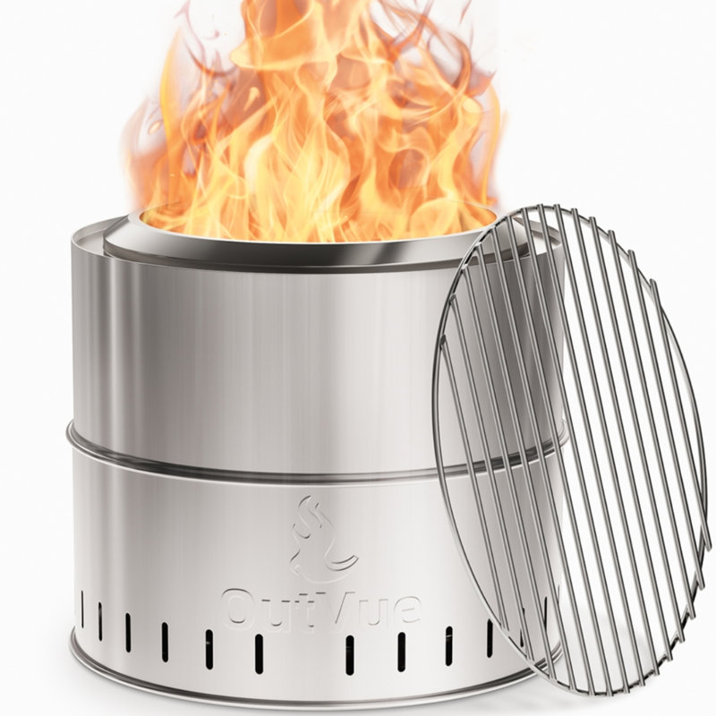 Smokeless Fire Pit with Grill & Bag, Stainless Steel Portable Smokeless Fire Pit, 11" H x 20.3" W x 20.3" D
