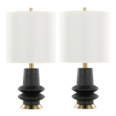 26" Contemporary Polyresin Table Lamp In Sanded Matte Polyresin, Modern Brass And White Linen Shade - Set Of 2