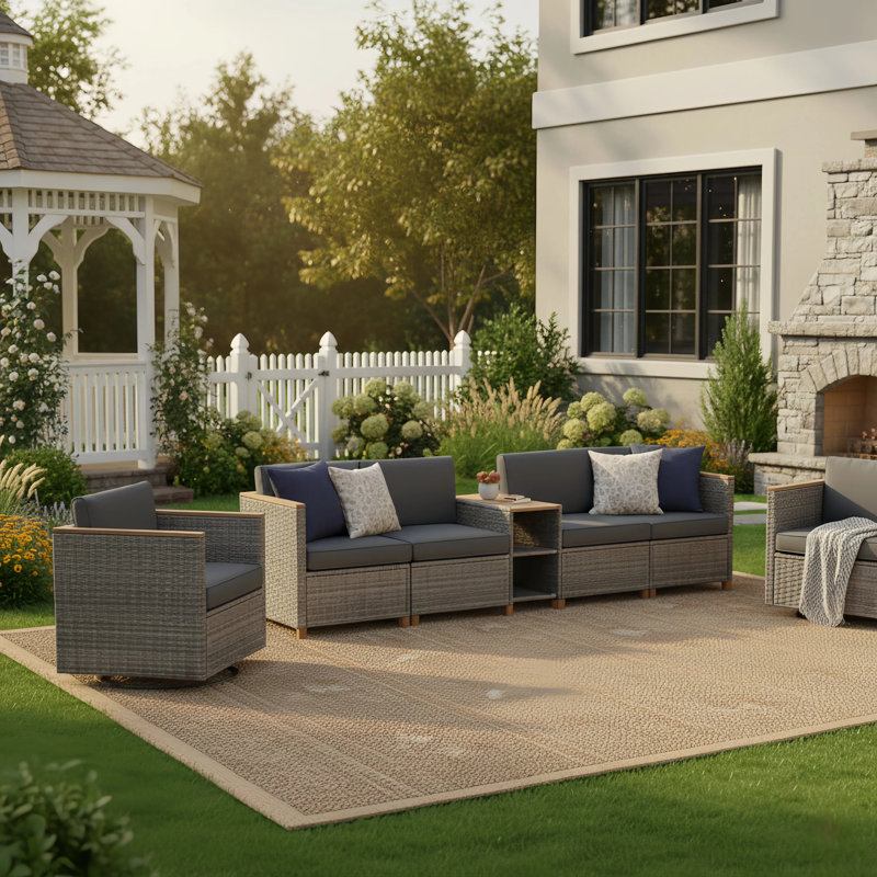 Gorden 6 Piece Sectional Seating Group with Swivel Chairs, Hazel Frame/Beige Cushion