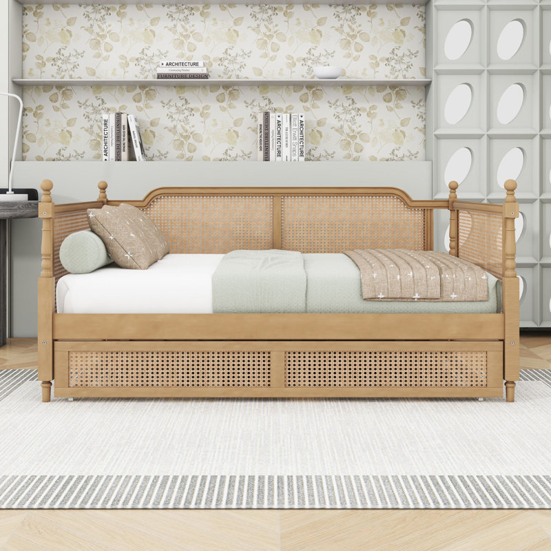 Wood Daybed with Rattan Headboard and Trundle, Twin, Antique Walnut