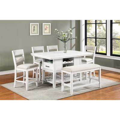 White Counter Height Table For Dining Room With Storage, Wine Rack, Rectangular, Style Furniture Rectangular Storage Drawers, Robust Wooden Furnishing