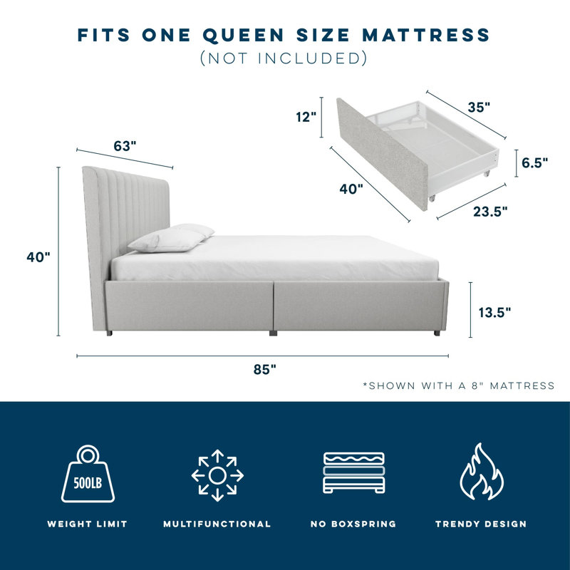 Lit plateforme tapissier avec rangement Brittany, Reine, Gris clair