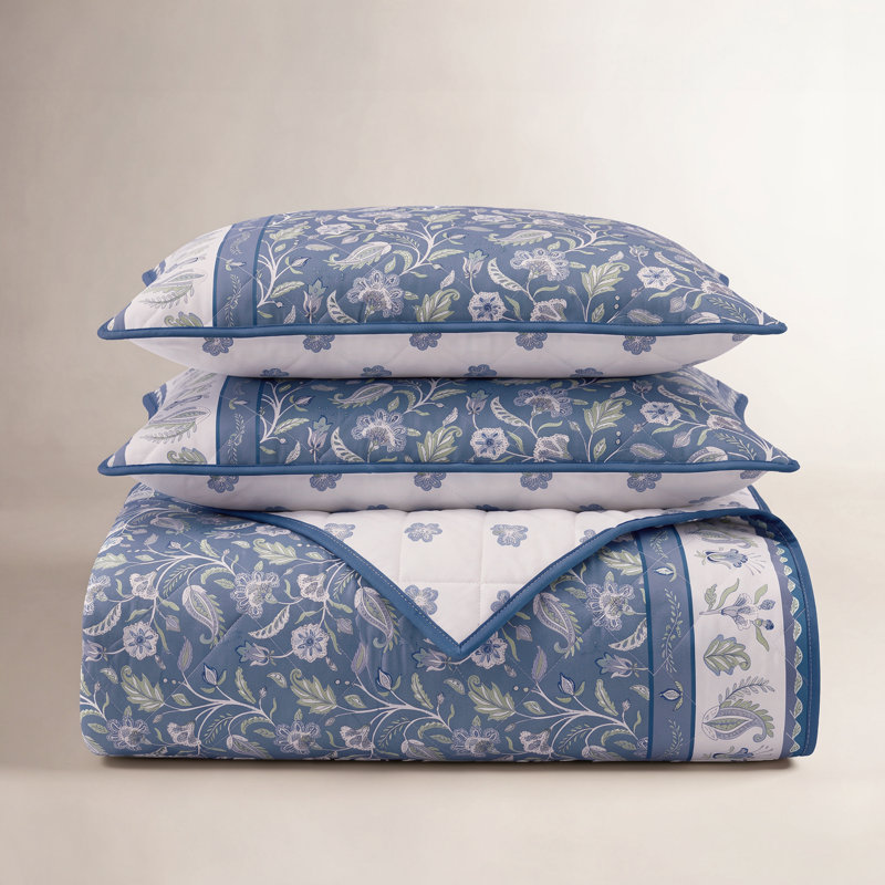 Floral Bordered Cotton Quilt Set, Blue Floral, King Quilt + 2 King Shams