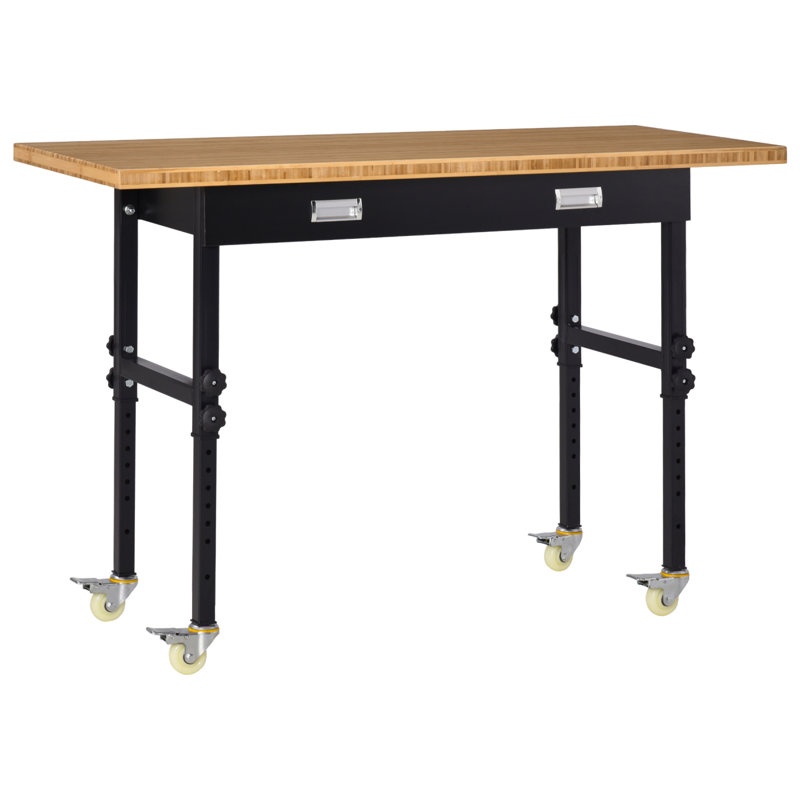 HOMCOM " Work Bench With Drawer, Height Adjustable Legs, Bamboo Tabletop Workstation Tool Table On Wheels  Garage, Weight Capacity  Lbs, Black/Natural