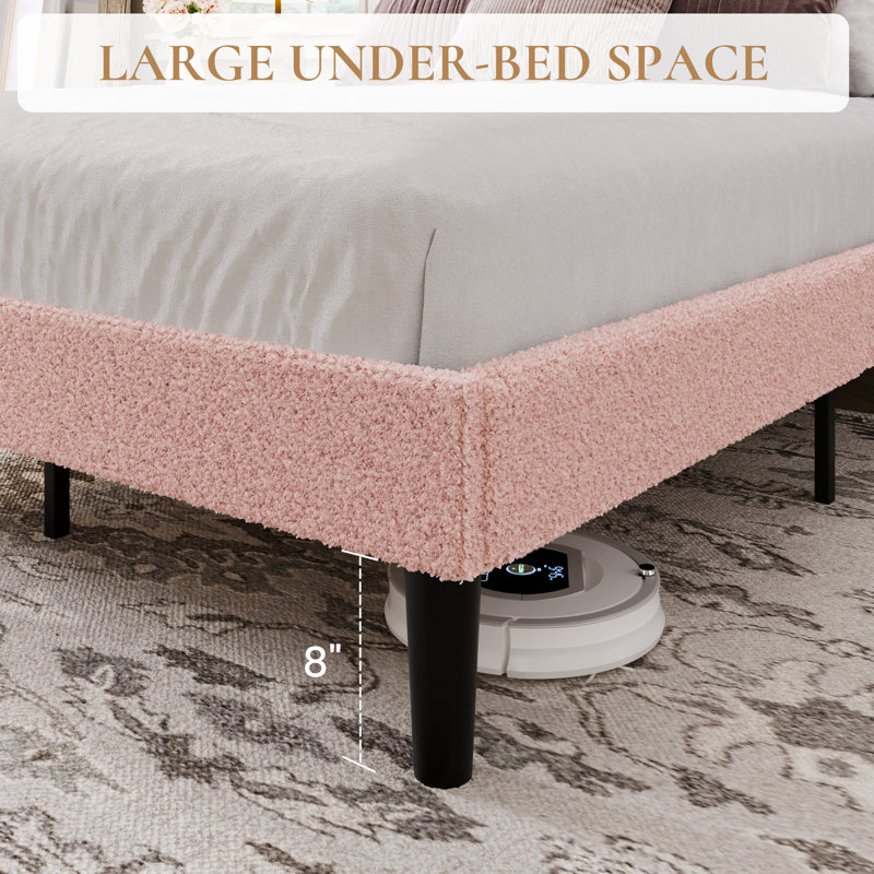 Chic Teddy Fleece Upholstered Platform Bed With Curve-Shaped Headboard, Modern Soft Boucle Fabric Bed Frame, Solid Wood Slat Support, No Box Spring Needed