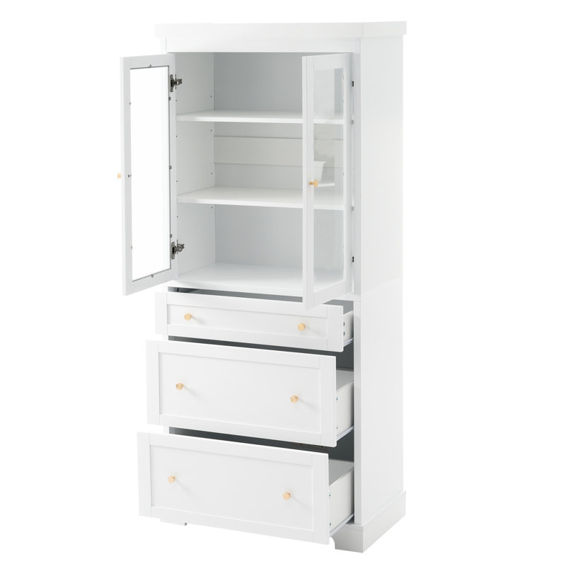 Meuble-lavabo autoportant de 70,1 po de hauteur avec 3 tiroirs, 2 tablettes réglables, peinture imperméable et portes silencieuses à fermeture en douceur en alliage de zinc avec poignées en verre pour un rangement organisé