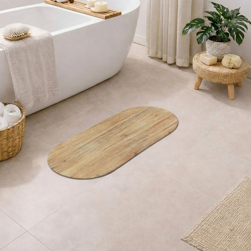 Decorative Runner Bath Mat 40x18 – Ultra Absorbent Quick Dry Rug with Anti-Slip Rubber Backing, Brown Wooden