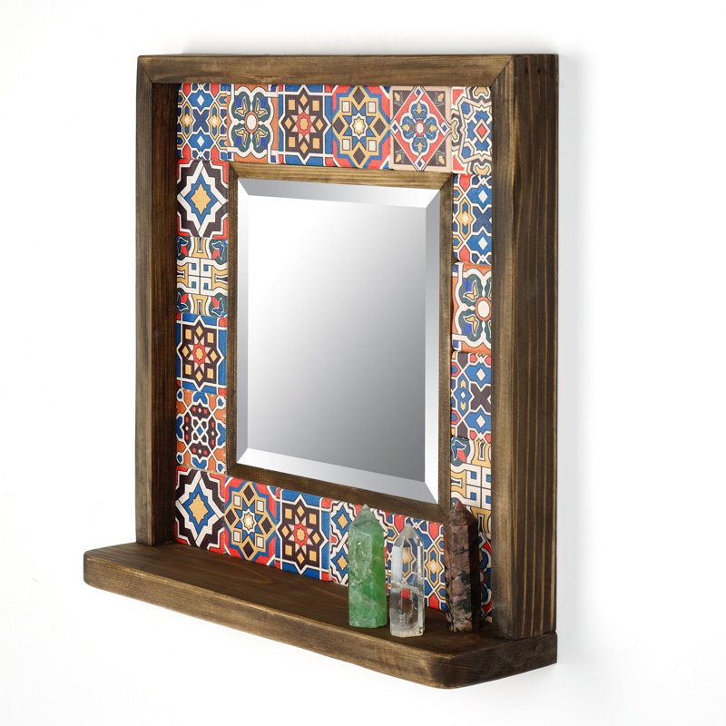 Miroir rustique abstrait avec cadre 100% bois de pin, 12,6 x 12,6 x 0,1 pouces | Travertin naturel et accents calcaires | Peinture protectrice pour bois à base d'eau | Comprend un miroir en verre et 5 crochets de suspension | Parfait pour le décor du Sud-Ouest