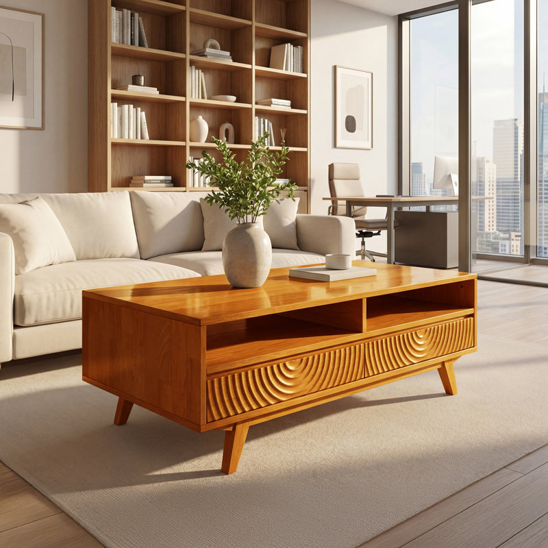 Solid Rubber Wood Coffee Table with Storage, 2 Drawers & Open Shelf, Rectangular 47.2 Inches Center Table for Living Room