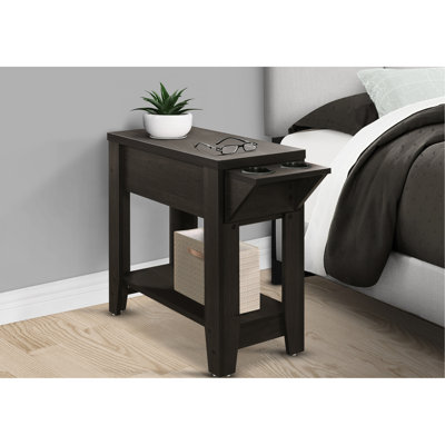 Table d'appoint contemporaine de style contemporain brun foncé avec tiroir caché et porte-gobelet double pour lampe de chambre transitionnelle