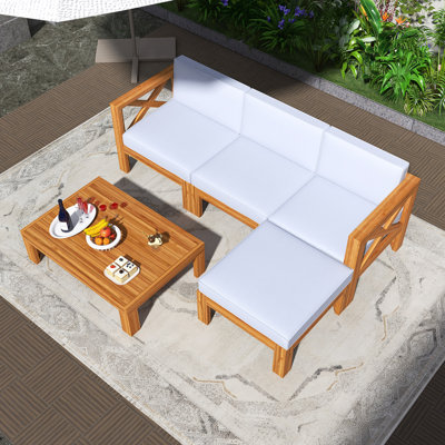 Ensemble de conversation modulaire en bois 5 pièces pour ensemble de conversation avec table basse et repose-pieds, coussins amovibles et à fermeture à glissière, panneaux résistants à l'eau et aux rayons UV, verrouillables