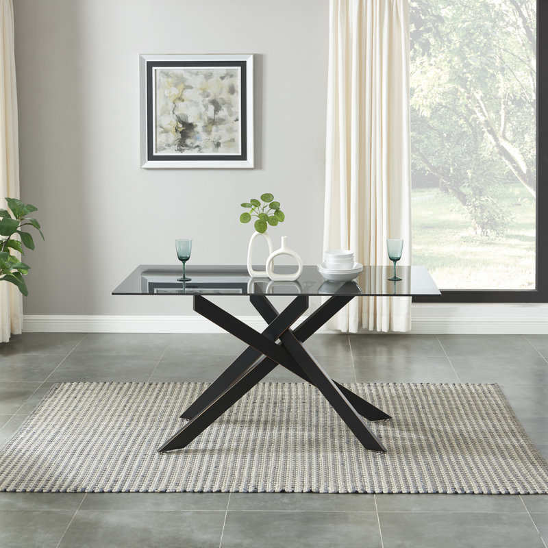 Tewksbury Glass Top Metal Base Dining Table, Black, Black