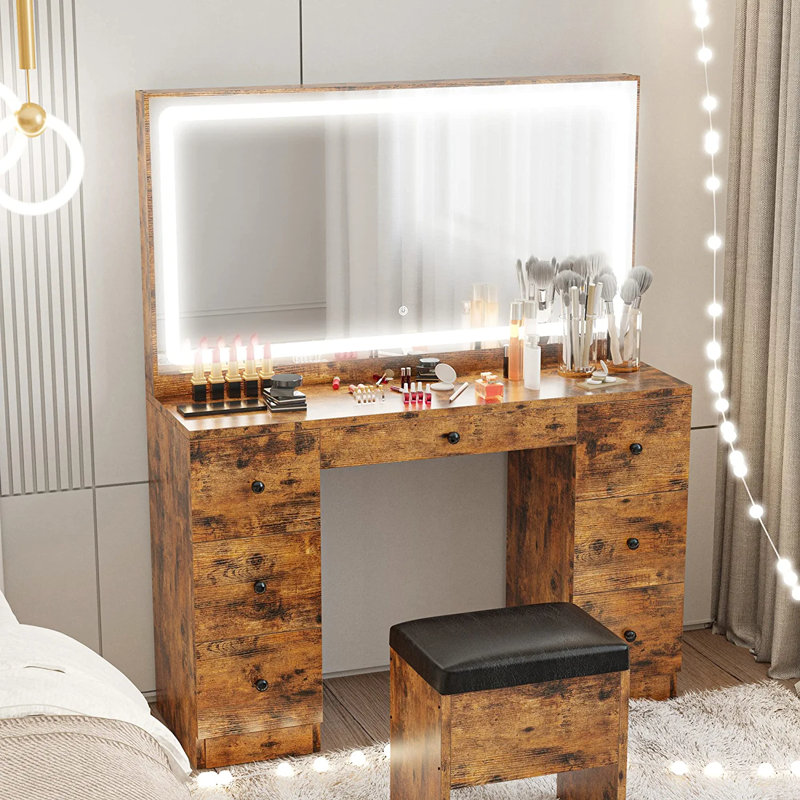 43" W 7-Drawer Makeup Vanity Set with LED Lighted Mirror and Power Outlet, Rustic Brown/Black