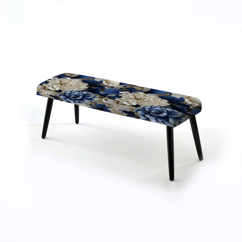 Cobalt Blue Foliage Victorian Pattern III - Floral Upholstered Black Bench