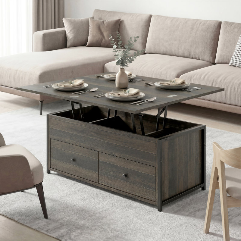 Veromca Lift Top Farmhourse Coffee Table With Hidden Storage And Two Drawers, Gray