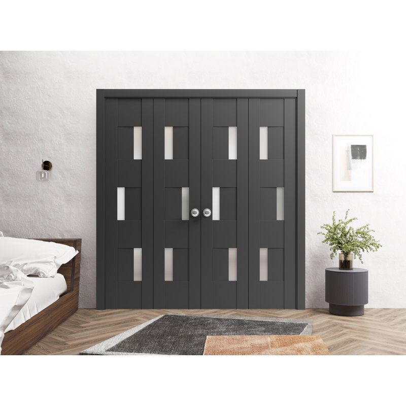 Ensemble de portes coulissantes pliantes doubles pour placard 96 x 80 (4 x 24 x 80) 6933 Noir mat avec verre dépoli, rails robustes, moulures, garnitures, quincaillerie, portes de placard en bois massif pour chambre à coucher