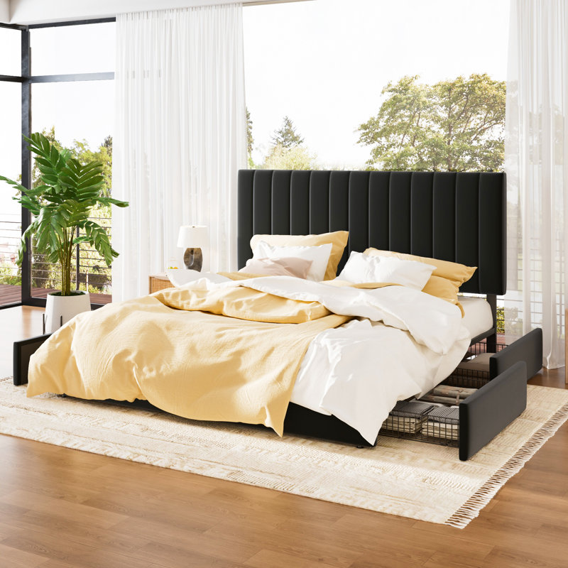 4-Drawer Velvet Upholstered Storage Platform Bed with Adjustable Headboard, Black, King