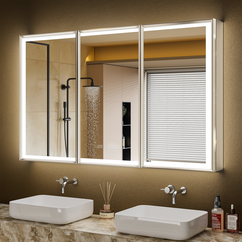 Svenn Recessed Lighted Medicine Cabinet With Mirror, 3 Adjustable Shelves, Beveled Design, Defogger, Outlets & Usbs