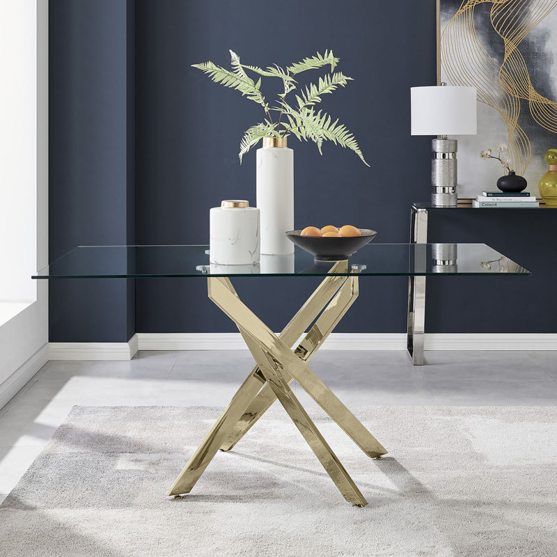 Lenworth Modern Metal and Glass Dining Table Seats 4 or 6, Gold, 29.9" H x 59" L x 35.4" W